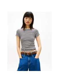 Tommy Hilfiger T-Shirt TOMMY JEANS "TJW SLIM LETTUCE EDGE RIB SS", Damen, Gr. XS (34), schwarz, ecru stripe, Single Jersey, Obermaterial: 95% Baumwolle, 5% Elasthan, gestreift, slim fit, V-Ausschnitt, Shirts T-Shirt, mit gerippter Struktur