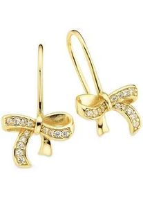 Paar Ohrhaken Firetti "Schlaufe/Schleife Silber gelbgoldfarben vergoldet", gelbgoldfarben, kristallwei&szlig;, kristallwei&szlig;, Ohrringe, Damen, Silber 925 (Sterlingsilber), mit Zirkonia (synth.)