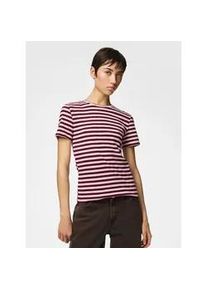 Kurzarmshirt Pieces "PCRUKA SS TOP JRS NOOS BC", Damen, Gr. M, roseate spoonbill stripes:tawny port, Jersey, Obermaterial: 95% Baumwolle, 5% Elasthan, gestreift, slim fit normal, Rundhals, Shirts, mit gerippter Struktur