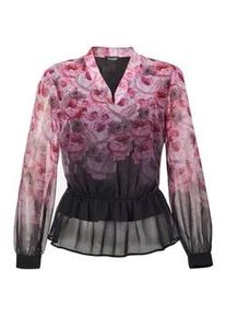 Satinbluse GOLDNER "Florale Printbluse mit V-Ausschnitt", Damen, Gr. 54, schwarz (schwarz, altros&eacute;, gemustert), Obermaterial: 100% Polyester PES., figurumspielend, Manschette, Blusen, Manschetten