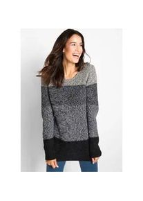 Strickpullover bonprix, Damen, Gr. 48/50 (XL), grau (anthrazit meliert gestreift), Strick, Obermaterial: 50% Baumwolle, 50% Polyacryl, gestreift, mehrfarbig, meliert, eng normal, Rundhals, Rippb&uuml;ndchen, Pullover Strickpullover, aus Baumwollmischung, ohne Verschluss, eng anliegende Passform