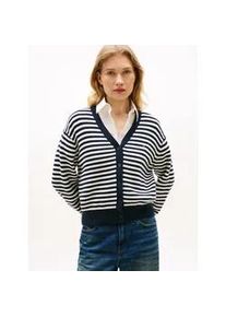 Strickpullover Tommy Hilfiger "CO CARDI LS CARDI", Damen, Gr. L (42/44), fine stp ivory pet, schwarz n navy, Strick, Obermaterial: 100% Baumwolle, gestreift, regular fit, V-Ausschnitt, Pullover Strickpullover, mit Knopfleiste