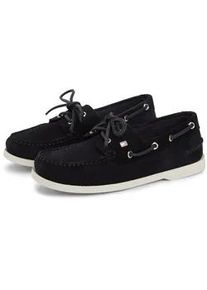 Bootsschuh Tommy Hilfiger "HILFIGER SUEDE BOAT SHOE", Damen, Gr. 42, dunkelblau, Veloursleder, Schuhe Bootsschuh, Freizeitschuh, Halbschuh, Schn&uuml;rer mit modischen Durchz&uuml;gen