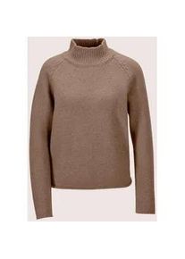Madeleine Mode Longpullover MADELEINE "Strickpullover Moderner Glattstrickpullover mit Stehkragen", Damen, Gr. 44/46, braun (berber, melange), Obermaterial: 64% Wolle mw. 19% Polyamid PA. 9% Polyacryl PAN. 6% metallisierte Fasern MTF. 2% Alpaka WP., Modern, Pullover Longpullover, mit Glanzgarneffekt