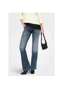 Bootcut-Jeans Only "ONLBLUSH MID WAIST FLARED DNM REA1099", Damen, Gr. M, L&auml;nge 32, medium blau denim detail:destroy, Denim/Jeans, Obermaterial: 92% Baumwolle, 6% Elastomultiester, 2% Elasthan, ausgestellt lang, Jeans, mit dezentem Used-Look