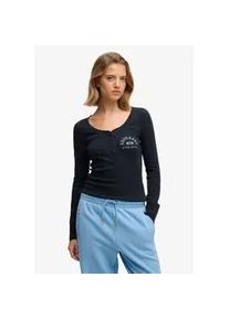 Langarmshirt Superdry "ATHLETIC BUTTON DOWN LS TOP", Damen, Gr. S, eclipse navy, Single Jersey, Obermaterial: 95% Baumwolle, 5% Elasthan, bedruckt, skinny fit normal, tiefer Rundhals, Shirts Langarmshirt, Baumwolle, skinny fit