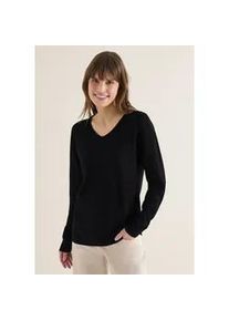 Strickpullover Cecil, Damen, Gr. XS (36), schwarz, Web, 60% Baumwolle, 40% Viskose, unifarben, comfort fit normal, V-Ausschnitt, B&uuml;ndchen, Pullover Strickpullover, mit Strick-Detail