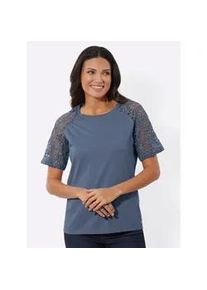 Spitzenshirt "Spitzenshirt", Damen, Gr. 42, blau (rauchblau), 100% Baumwolle, Spitze:100% Baumwolle, 100% Polyester, unifarben, Rundhals, Shirts