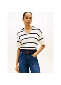 Strickpullover Tommy Hilfiger "CO FULL NEEDLE POLO SS SWT", Damen, Gr. M (40), big stp calico, schwarz n navy, Strick, Obermaterial: 100% Baumwolle, gestreift, regular fit normal, V-Ausschnitt, Pullover Strickpullover, mit V-Ausschnitt