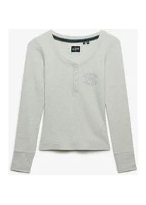 Langarmshirt Superdry "ATHLETIC BUTTON DOWN LS TOP", Damen, Gr. L, iced grau marl, Single Jersey, Obermaterial: 95% Baumwolle, 5% Elasthan, bedruckt, meliert, skinny fit normal, tiefer Rundhals, Shirts Langarmshirt, Baumwolle, skinny fit