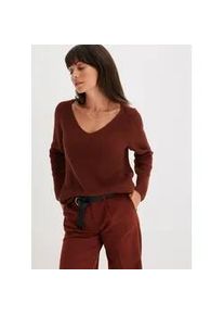 Strickpullover bonprix "Gerippter Pullover aus reiner Baumwolle", Damen, Gr. 52/54 (XXL), braun (mahagonibraun), Strick, Obermaterial: 100% Baumwolle, unifarben, l&auml;ssig geschnitten normal, V-Ausschnitt, gerader Abschluss, Pullover Strickpullover, aus reiner Baumwolle, mit V-Ausschnitt, unifarben, l&auml;ssige Passform