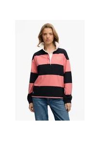 Langarm-Poloshirt Superdry "HERITAGE STRIPE RUGBY TOP", Damen, Gr. XL, navy, preppy pink, Single Jersey, Obermaterial: 100% Baumwolle, gestreift, oversize normal, Rundhals, Shirts