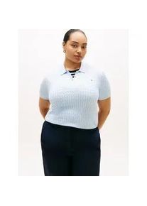 Polokragenpullover Tommy Hilfiger Curve "CRV CO CABLE FINE GG POLO S/S", Damen, Gr. 52, breezy blau, Strick, Obermaterial: 100% Baumwolle, Zopfmuster, regular fit normal, ohne Ausschnitt, Rippb&uuml;ndchen, Pullover, in gro&szlig;en Gr&ouml;&szlig;en, mit Zopfmuster