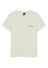 V&eacute;ro Moda Kurzarmshirt VERO MODA "VMVIOLA VENESSA SS TOP BOX JRS", Damen, Gr. S, snow wei&szlig; print:reputation, Jersey, Obermaterial: 100% Baumwolle, bedruckt, regular fit normal, V-Ausschnitt, Shirts, mit Print