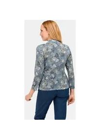 Rundhalspullover GOLDNER "Kurzgr&ouml;&szlig;e Floraler Strickpullover mit Stehkragen", Damen, Gr. 19, blau (rauchblau, gemustert), Obermaterial: 65% Polyester PES. 35% Viskose CV., Pullover Rundhalspullover, hoher Baumwollanteil