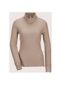 Madeleine Mode Langarmshirt MADELEINE "Rollkragenshirt Elegantes Basicshirt mit Spitze, Rollkragen", Damen, Gr. 44, beige (berber), Obermaterial: 74% Wolle mw. 10% Polyester PES. 9% Kaschmir WS. 2% diverse Faserarten dF. 2% Polyamid PA., Modern, normal, Shirts Langarmshirt, Spitzenbesatz am &Auml;rmelabschluss