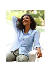 Hemdbluse Heine, Damen, Gr. 48, eisblau, ecru, gestreift, 50% Baumwolle, 50% Polyester, gemustert, gestreift, mehrfarbig, V-Ausschnitt, Blusen Hemdbluse