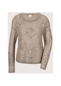 Madeleine Mode Longpullover MADELEINE "Strickpullover Glanzpullover mit Ginkgo-Design und Pailletten", Damen, Gr. 44/46, beige (cappuccino), Obermaterial: 55% Polyamid Polyam.recyc. 36% Schurwolle WV. 9% Alpaka WP., Modern, normal, Pullover Longpullover