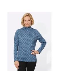 Stehkragenshirt Classic Basics "Jacquard-Shirt", Damen, Gr. 40, schwarz (mittelblau, schwarz, gemustert), 84% Polyester, 14% Viskose, 2% Elasthan, gemustert, Shirts Stehkragenshirt