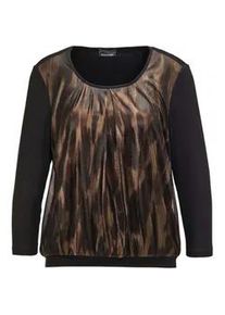 Kurzarmbluse GOLDNER "Kurzgr&ouml;&szlig;e Stretch-Blusenshirt mit Glanz-Druck", Damen, Gr. 25, schwarz (schwarz, kupferfarben, gold, gemustert), Obermaterial: 95% Viskose CV. 5% Elasthan EL., figurumspielend, Gerade, Blusen, keine/nicht relevant