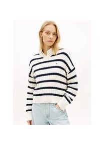 Strickpullover Tommy Hilfiger "CO CABLE MID GG RLX LS V-NK SWT", Damen, Gr. XS (34), ivory petal, schwarz n navy stp, Strick, Obermaterial: 100% Baumwolle, gestreift, relaxed fit normal, V-Ausschnitt, Pullover Strickpullover, mit Zopfmuster