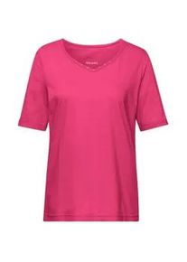 Langarm-Poloshirt GOLDNER "Halbarm Basic-Shirt aus Baumwolle", Damen, Gr. 48, pink (cyclam), Obermaterial: 95% Baumwolle CO. 5% Elasthan EL., Tubular, Shirts, Ausschnitt in Herzform mit Schmucksteinen verziert