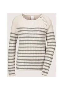 Madeleine Mode Longpullover MADELEINE "Strickpullover Eleganter Wollpullover mit Ringelmuster", Damen, Gr. 44/46, wei&szlig; (perlwei&szlig;, steingrau), Obermaterial: 90% Schurwolle WV. 10% Kaschmir WS., Modern, normal, Pullover Longpullover