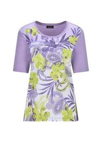 Kurzarmbluse GOLDNER "Glanzshirt mit floralem Paisley-Muster", Damen, Gr. 50, wei&szlig; (wei&szlig;, flieder, gemustert), Obermaterial: 100% Polyester PES., gerade, Blusen, Ton in Ton Ziersteinchen auf dem Print