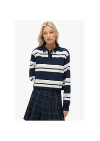 Langarm-Poloshirt Superdry "ATH ESS CROPPED STRIPE RUGBY", Damen, Gr. L, richest navy stripe, Single Jersey, Obermaterial: 100% Baumwolle, gestreift, oversize normal, ohne Ausschnitt, Shirts
