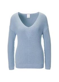 Madeleine Mode Longpullover MADELEINE "Pullover Langarm-Pullover mit V-Ausschnitt", Damen, Gr. 48, blau (bleu), Obermaterial: 100% Baumwolle CO., Modern, Pullover Longpullover, Markante Rippstruktur