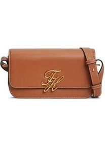 Umh&auml;ngetasche Tommy Hilfiger "TH SCRIPT FLAP CROSSOVER", Damen, Gr. B/H/T: 22,5cm x 12cm x 6cm, cognac, Leder, Taschen Umh&auml;ngetasche, Schultertasche, Handtasche, Mulitfach, Clutch mit Logo