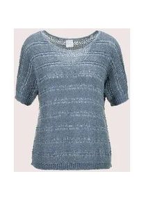 Madeleine Mode Longpullover MADELEINE "Pullover B&auml;ndchen-Pullover mit Glanz-Effekt", Damen, Gr. 44/46, blau (rauchblau), Obermaterial: 55% Baumwolle CO. 45% Polyester PES., Modern, normal, Pullover Longpullover