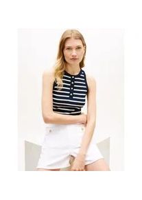 T-Shirt Tommy Hilfiger "GOLD BUTTON HENLEY TOP", Damen, Gr. L (42/44), ecru, Single Jersey, Obermaterial: 100% Baumwolle, gestreift, regular fit, Rundhals, Shirts T-Shirt, mit kurzer Knopfleiste