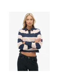 Langarm-Poloshirt Superdry "ATH ESS CROPPED STRIPE RUGBY", Damen, Gr. S, lauren navy, pink stripe, Single Jersey, Obermaterial: 100% Baumwolle, gestreift, oversize normal, ohne Ausschnitt, Shirts