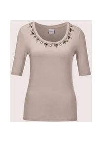 Madeleine Mode Kurzarmshirt MADELEINE "Shirt Elegantes Oberteil mit Schmucksteinen", Damen, Gr. 38, beige (cappuccino), Obermaterial: 95% Viskose CV. 5% Elasthan EL., Modern, Shirts
