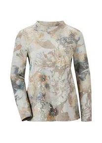 Kurzarmshirt GOLDNER "Elegantes Langarmshirt mit Foliendruck", Damen, Gr. 40, grau (grau, melange), Obermaterial: 60% Polyester PES. 35% Baumwolle CO. 5% Elasthan EL., Gerade, Shirts, Stehkragen