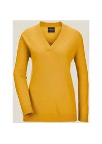 Madeleine Mode Longpullover MADELEINE "Pullover Glattstrick-Pullover mit V-Ausschnitt", Damen, Gr. 36/38, gelb (goldgelb), Obermaterial: 100% Schurwolle WV., Modern, normal, Pullover Longpullover