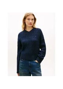 Strickpullover Tommy Hilfiger "CO CABLE MID GG RLX LS V-NK SWT", Damen, Gr. S (36/38), schwarz night navy, Strick, Obermaterial: 100% Baumwolle, unifarben, relaxed fit normal, V-Ausschnitt, Pullover Strickpullover, mit Zopfmuster