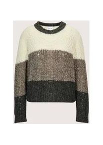 Madeleine Mode Longpullover MADELEINE "Strickpullover Eleganter Wollpullover mit Zopfmuster", Damen, Gr. 48, wei&szlig; (wollwei&szlig;, cappuccino, bleigrau, melange), Obermaterial: 42% Wolle mw. 28% Alpaka WP. 25% Polyamid PA. 4% Viskose CV. 1% metallisierte Fasern MTF., Modern, Pullover Longpullover, Zopfmuster und Blockstreifen