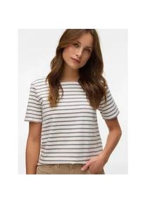 V&eacute;ro Moda Rundhalsshirt VERO MODA "VMABBY SS ZIP TOP JRS NOOS", Damen, Gr. M, snow wei&szlig; stripes:moon rock, Jersey, Obermaterial: 77% Polyester, 19% Viskose, 4% Elasthan, gestreift, normal, Rundhals, Shirts Rundhalsshirt, Materialmix, regular fit