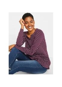 Langarmshirt bonprix "Gepunktetes Baumwoll-Langarmshirt mit Seitenschlitzen", Damen, Gr. 56/58 (XXXL), lila (holunderbeere, wei&szlig; gepunktet), Obermaterial: 95% Baumwolle, 5% Elasthan, loose fit, Shirts Langarmshirt, lockere Passform, mit Seitenschlitzen, gep&uuml;nktetes Design