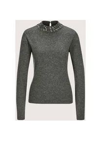 Madeleine Mode Longpullover MADELEINE "Strickpullover Eleganter Wollpullover mit Stehkragen", Damen, Gr. 48, grau (bleigrau, melange), Obermaterial: 90% Schurwolle WV. 10% Kaschmir WS., Modern, Pullover Longpullover, mit Dekosteinen