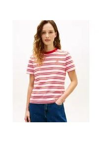 Kurzarmshirt Tommy Hilfiger "TH SCRIPT REG C-NK SS TEE", Damen, Gr. S (36/38), preppy stripe pink fireworks, Single Jersey, Obermaterial: 95% Baumwolle, 5% Elasthan, gestreift, gerade normal, Rundhals, Shirts