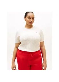 Rundhalspullover Tommy Hilfiger Curve "CRV CO CABLE FINE GG CNK S/S SWT", Damen, Gr. 48, heather ivory petal, Strick, Obermaterial: 100% Baumwolle, Zopfmuster, regular fit normal, Rundhals, Rippb&uuml;ndchen, Pullover Rundhalspullover, in gro&szlig;en Gr&ouml;&szlig;en, mit Zopfmuster