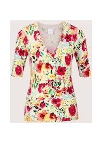 Madeleine Mode Longpullover MADELEINE "Viskosepullover Druckpullover mit floralem Muster", Damen, Gr. 40/42, wei&szlig; (wei&szlig;, rot, multicolor), Obermaterial: 71% Viskose CV. 29% Polyamid PA., Modern, Pullover Longpullover, Farbintensives Blumenmuster