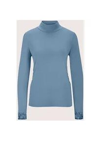 Madeleine Mode Langarmshirt MADELEINE "Shirt Elegantes Langarmshirt mit Stehkragen", Damen, Gr. 42, blau (rauchblau), Obermaterial: 92% Modal CMD. 8% Elasthan EL., Modern, normal, Shirts Langarmshirt, Shirt mit seitlicher Raffung und Palletten am Armabschluss