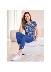 Hausanzug GOLDNER "Moderner Strandanzug mit Druck", Damen, Gr. 50, blau (royalblau, gemustert), Obermaterial: 95% Viskose CV. 5% Elasthan EL., figurumspielend, Homewear-Sets Hausanzug, Raffung am Bein