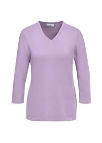 Rundhalspullover GOLDNER "Pullover in hochwertiger Qualit&auml;t", Damen, Gr. 42, lila (flieder), Obermaterial: 100% Baumwolle CO., normales B&uuml;ndchen, Pullover Rundhalspullover, Glitzersteine am V-Ausschnitt