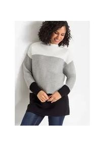Longpullover bonprix "Gestreifter Long-Pullover", Damen, Gr. 36/38 (S), wei&szlig; (wollwei&szlig;, grau, schwarz gestreift), Obermaterial: 50% Baumwolle, 50% Polyacryl, oversize, Pullover Longpullover, aus Baumwolle und Polyacryl, mit Stehkragen, f&uuml;r k&uuml;hle Tage