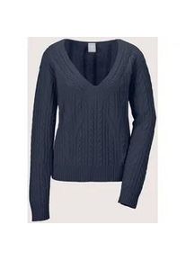 Madeleine Mode Longpullover MADELEINE "Kaschmirpullover Kaschmirpullover mit V-Ausschnitt", Damen, Gr. 40/42, blau (marine), Obermaterial: 100% Kaschmir WS., Modern, Pullover Longpullover, Zopfmuster